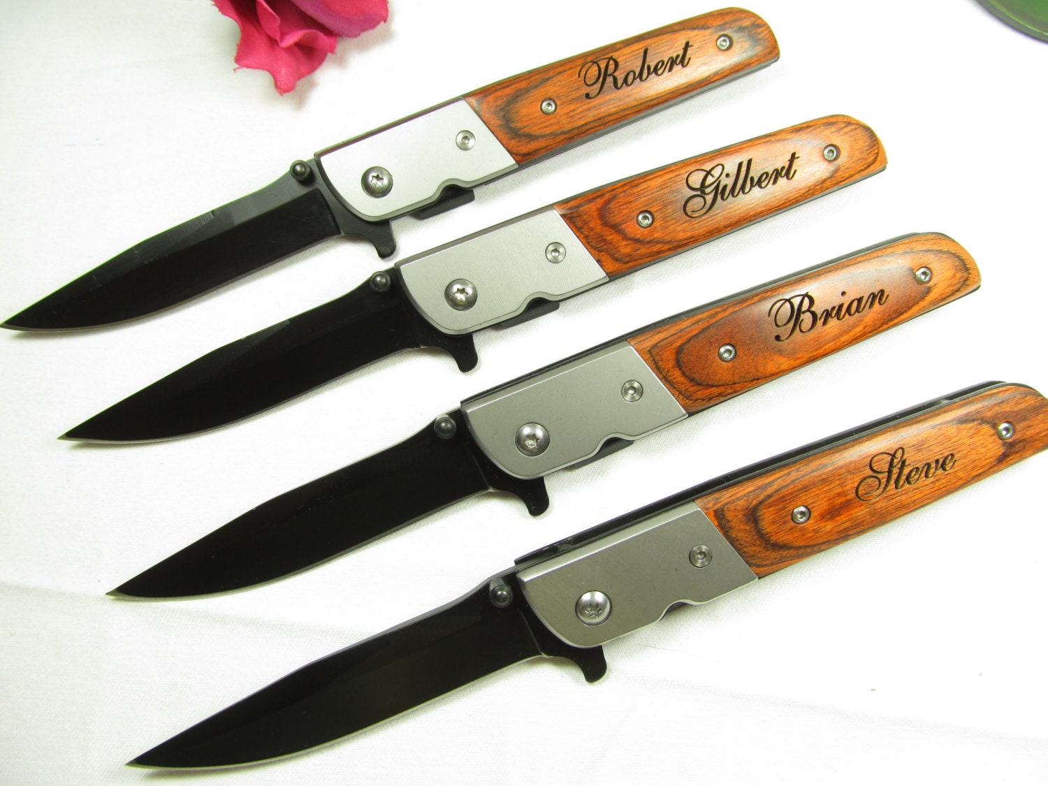 4 Personalized Stiletto Style Pocket Folding Knife Engraved Groomsman Best Man Ring Bearer Wedding Gift Straight Handle