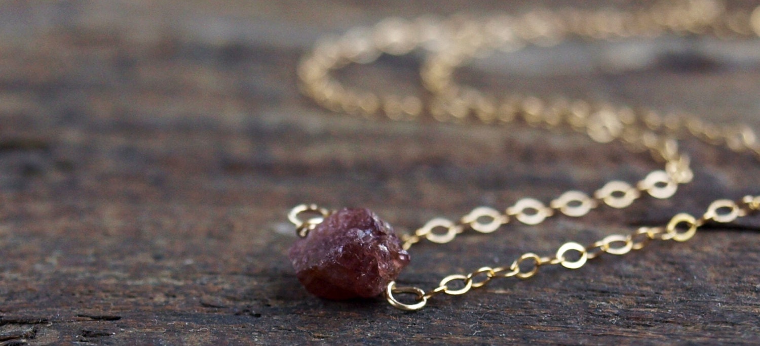 Tiny Rough Garnet Nugget Necklace in Gold Filled - Minimal Gold Organic Jewelry - January Birthstone
