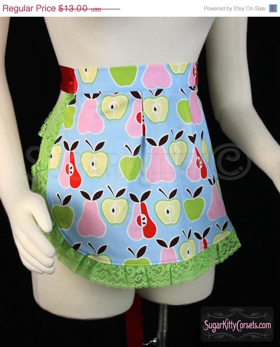 ON SALE Baby Blue Fruit Apples Pears Print Cotton Half Apron - SugarKitty Corsets