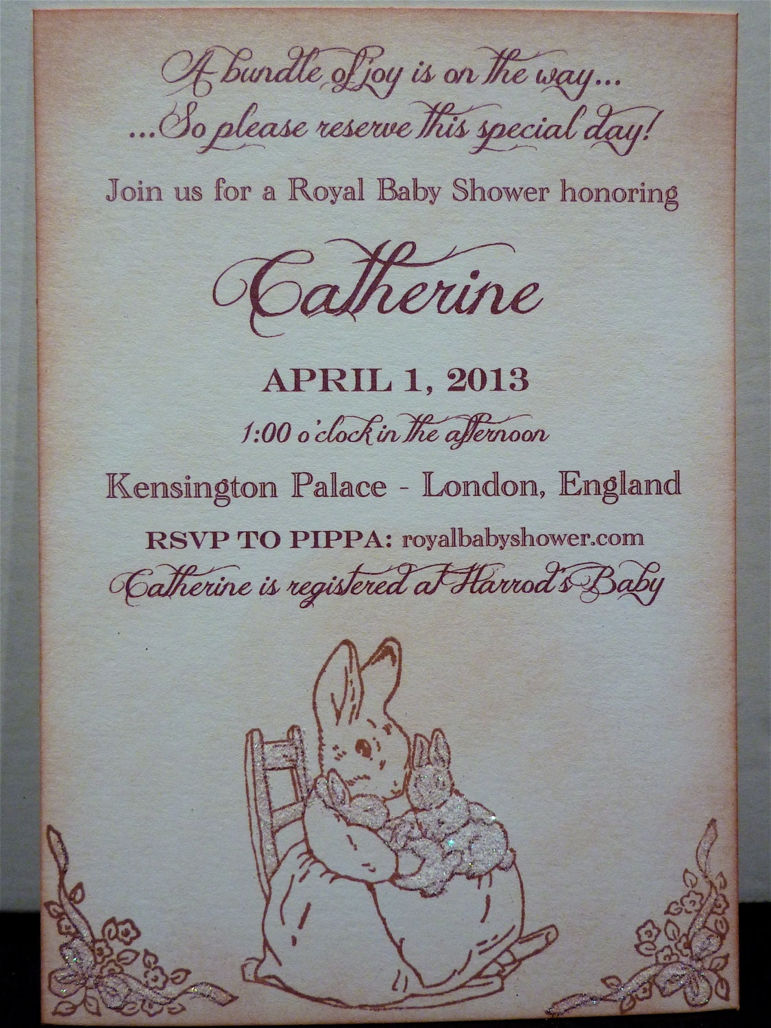 Baby Shower Invitation Peter Rabbit Vintage Style with Glitter Accents Set Of 10