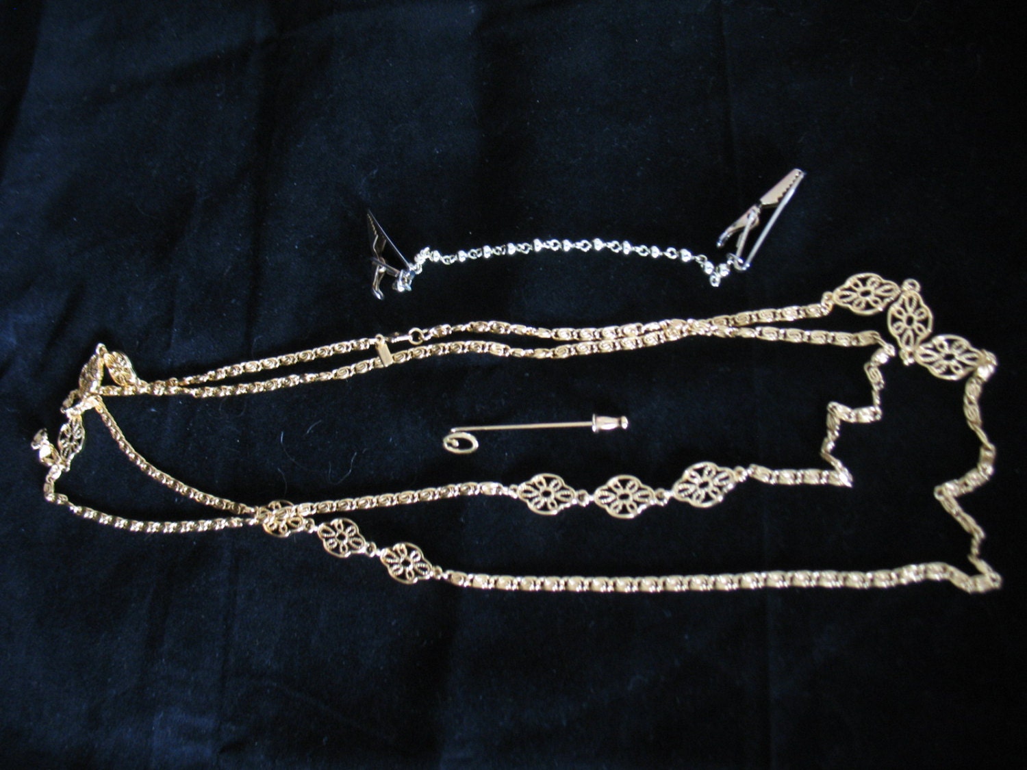 Destash Lot of 3 Vintage Jewelry Items - Long Monet Necklace. O Pin, Sweater Clips