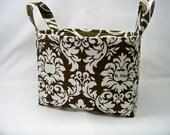 PK Fabric Basket in Dandy Damask in Brown - Storage Basket - Diaper Caddy - Ready To Ship - Reversible