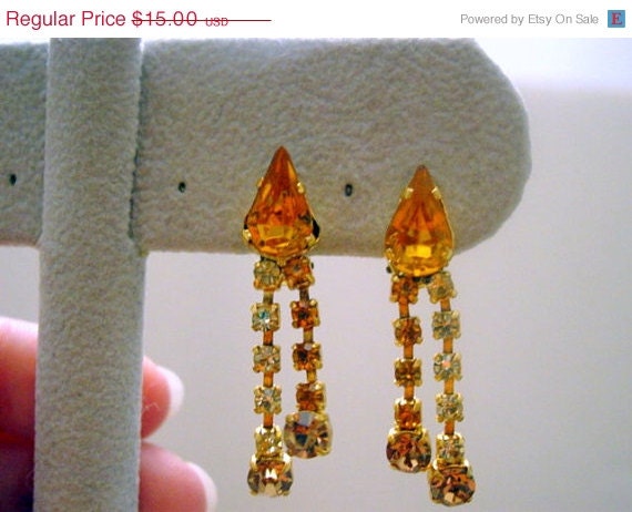 ON SALE Vintage Austria Rhinestone Earrings, Clip ons Amber and Citrine Rhinestones Dangle Signed Earrings Vintage Jewelry Costume Jeweller