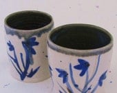 Cup Pair of Stoneware Cups with Blue Floral Motif