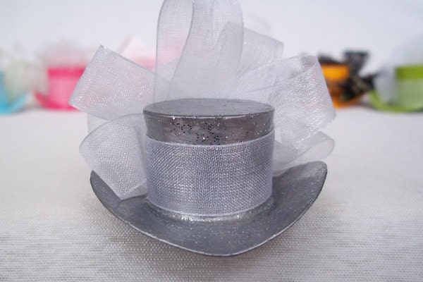 Mini Silver Top Hat with White Ribbon