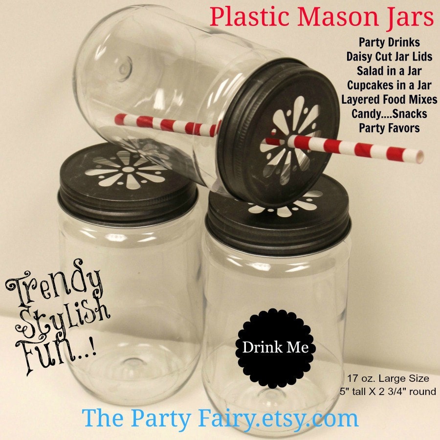 PLASTIC Mason Jars w/ Daisy Lids in Pewter OR Gold, Party Favor Jars ,10 Plastic UNBREAKABLE , Party Drinks, Salad in a Jar, Cupcake Jars