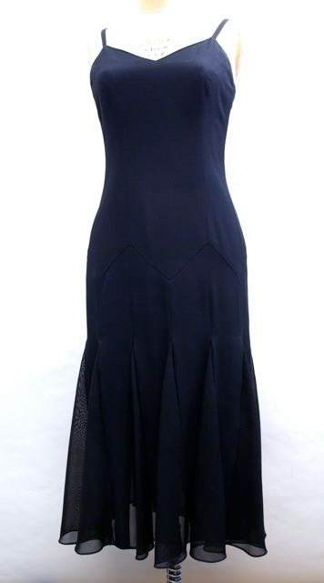 Black chiffon and strappy cocktail dress with gored skirt