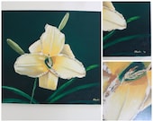 Vintage Oil Painting - Yellow Orchid Green Background - 1973 Wall Art