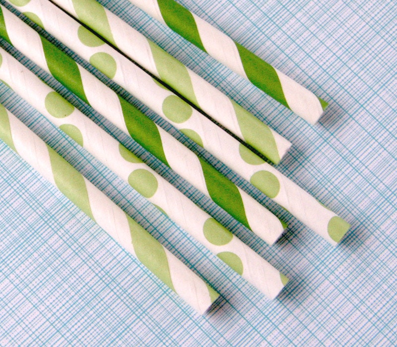 Green Paper Straws - Stripe and Polka Dot Mix - with DIY Flags (21) Il_170x135