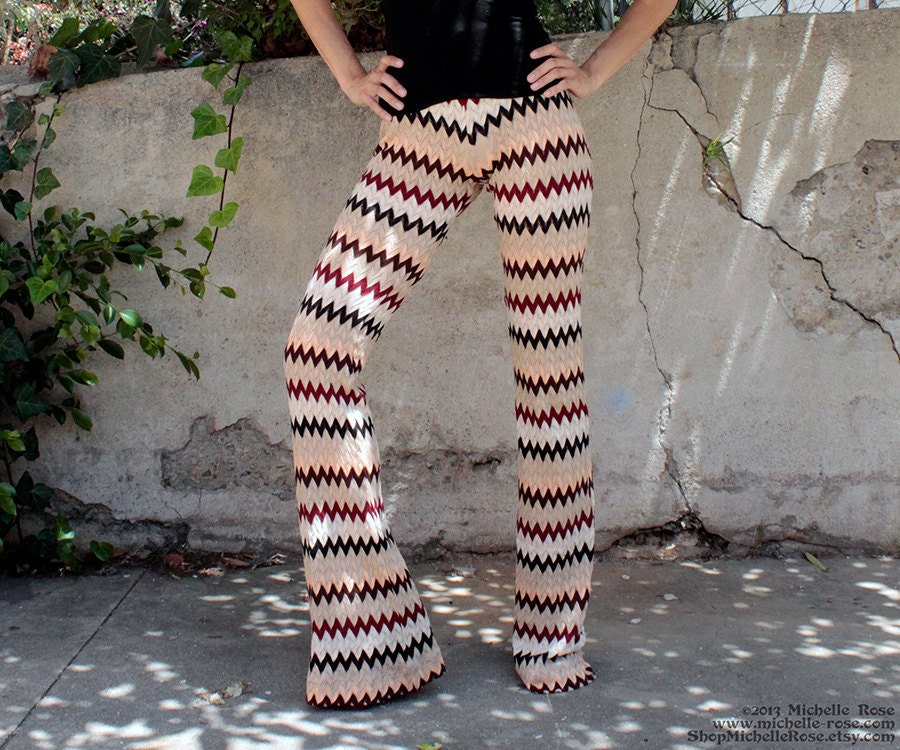 Zig Zag Crochet Pants - Bellbottom Knit Pants - Elastic Waist - Made to Order - Made to Measure - Seventies Retro Hippie Pants