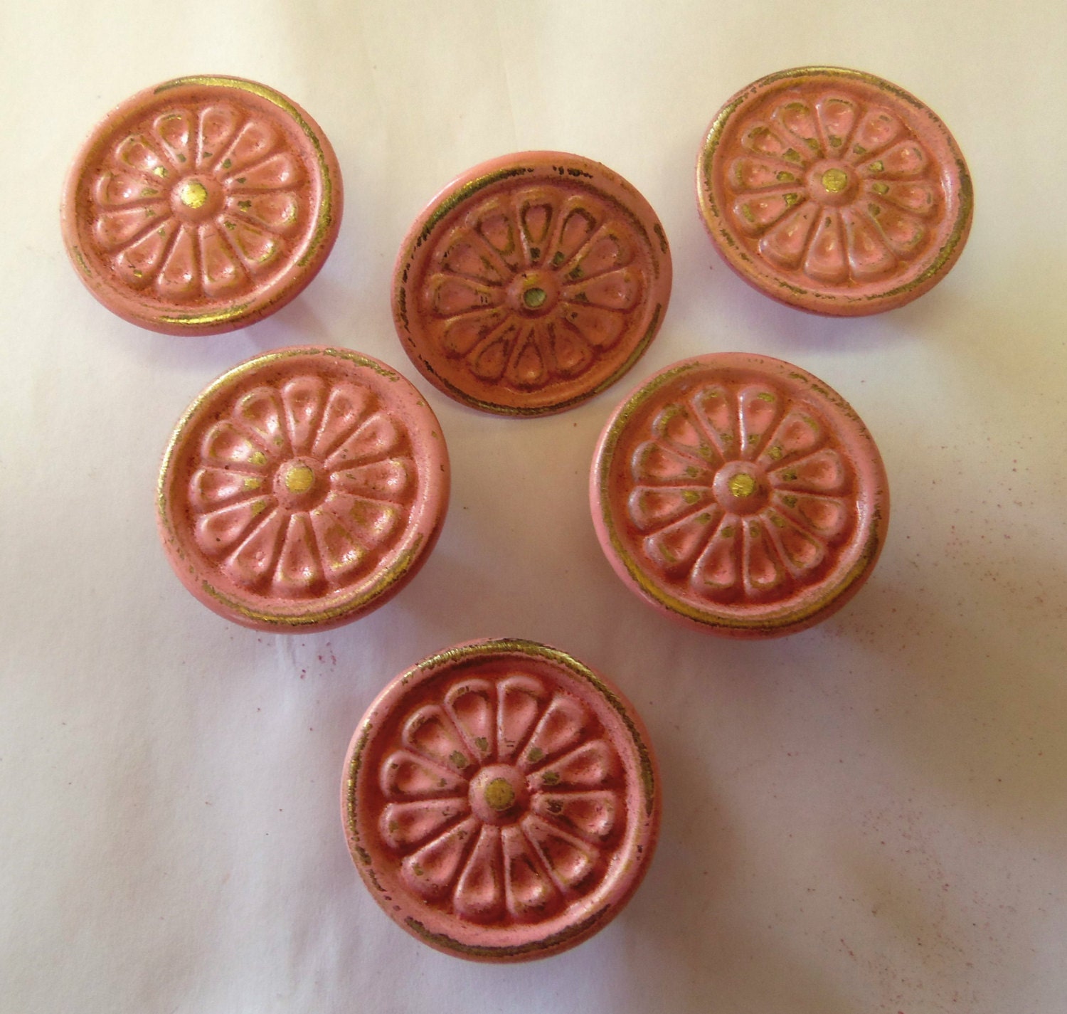 6 Shabby Knobs Pulls Chippy Upcycled Peachy Pink Flower Daisy Cottage Chic 1.3 Inch Distressed Set of 6