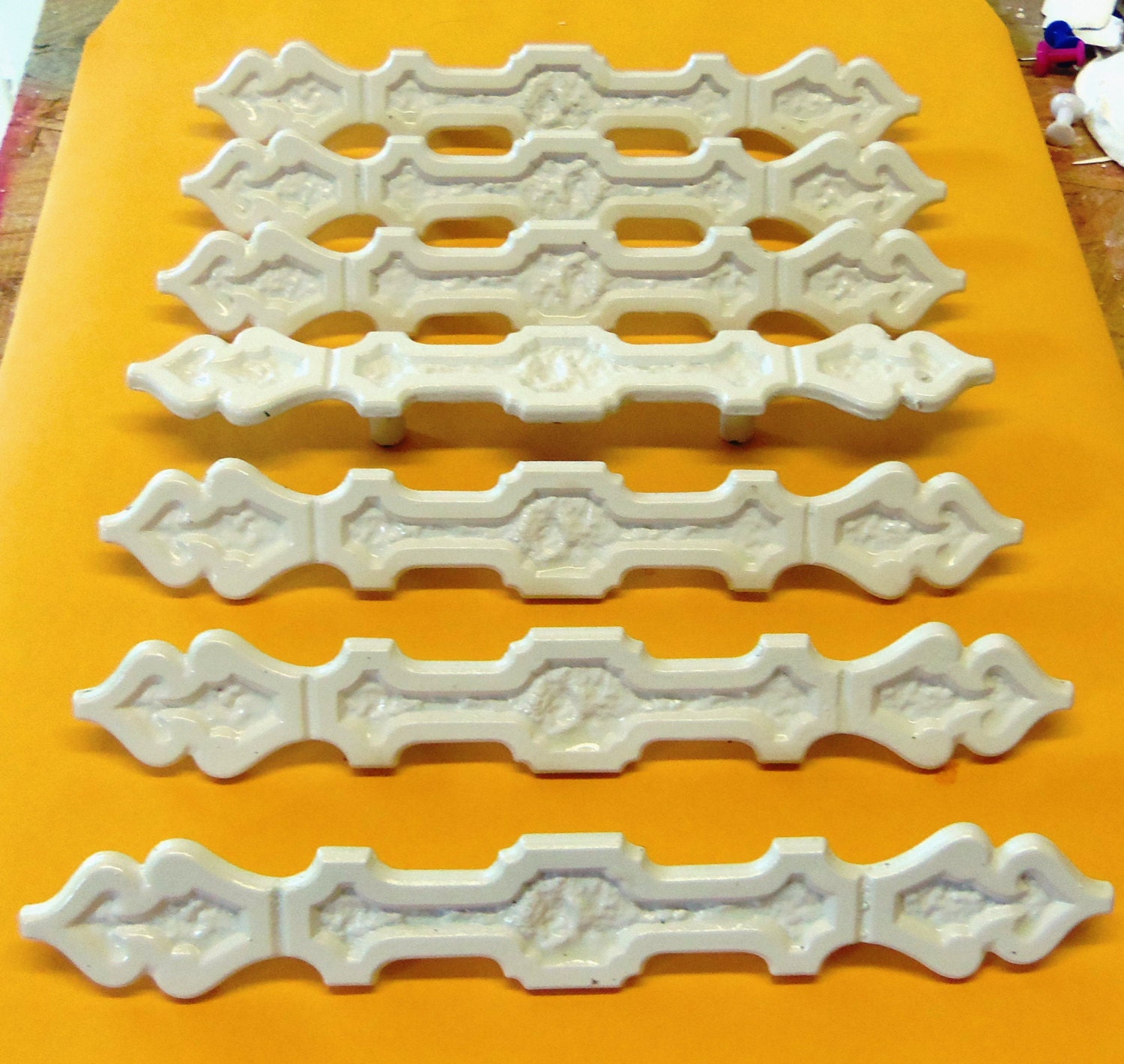 7 Vintage Pull Handles White Metal LONG 7-1/2 Inches with 3 Inch Centers Mediterranean