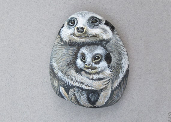Cute Mother's Day Gift Meerkat Baby and Meerkat Mother Painted Rock Art Painted Stone