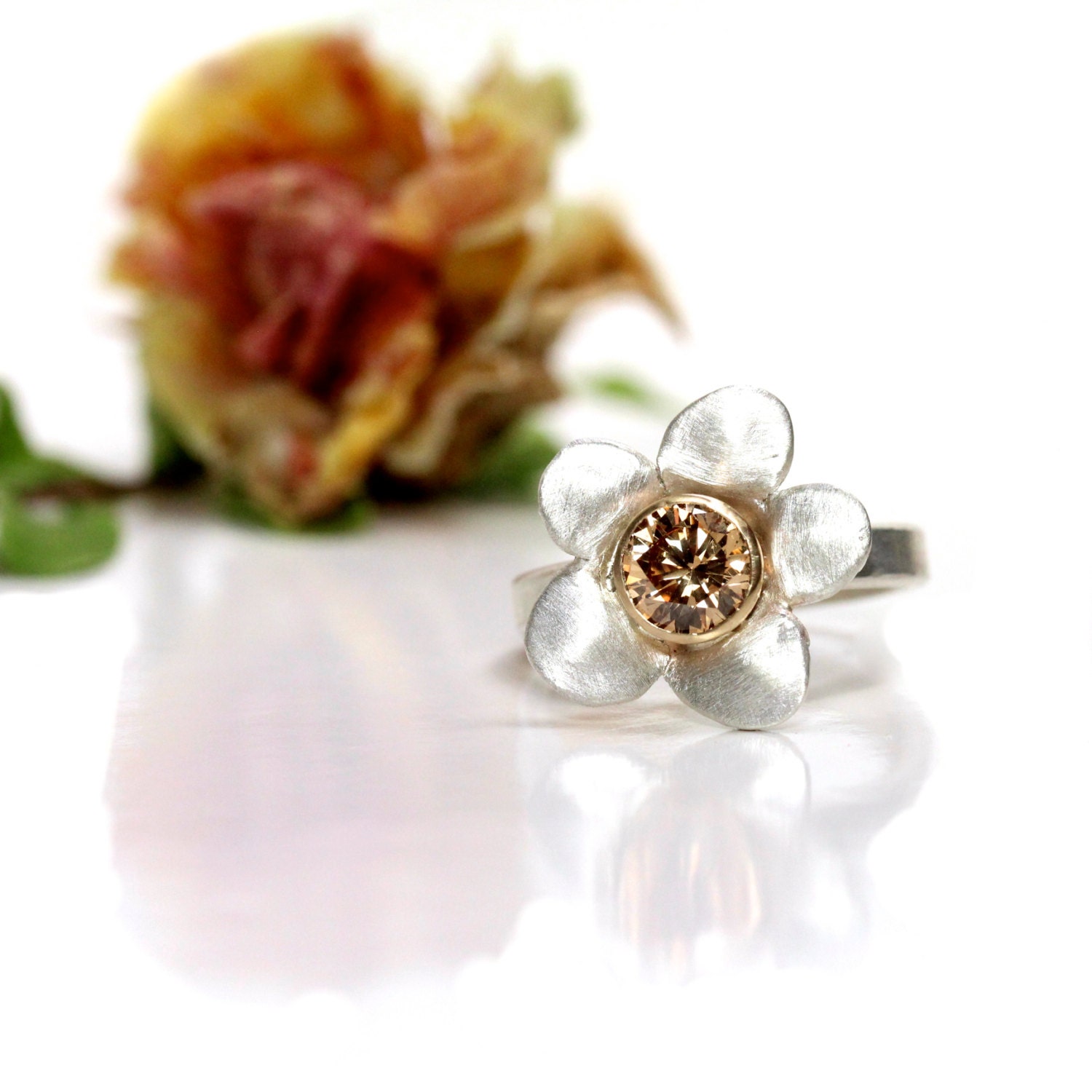 Flower Engagement Ring Silver Gold CZ - Peach Flower
