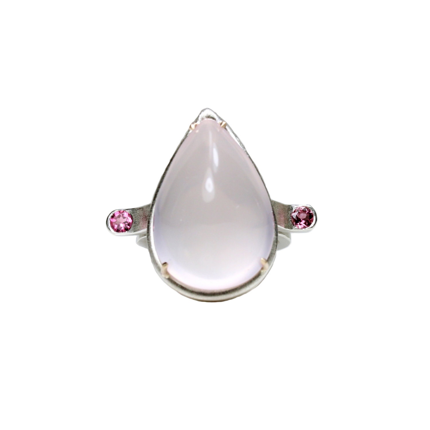 Silver Cocktail Ring Rose Quartz Tourmaline - Winged Drop