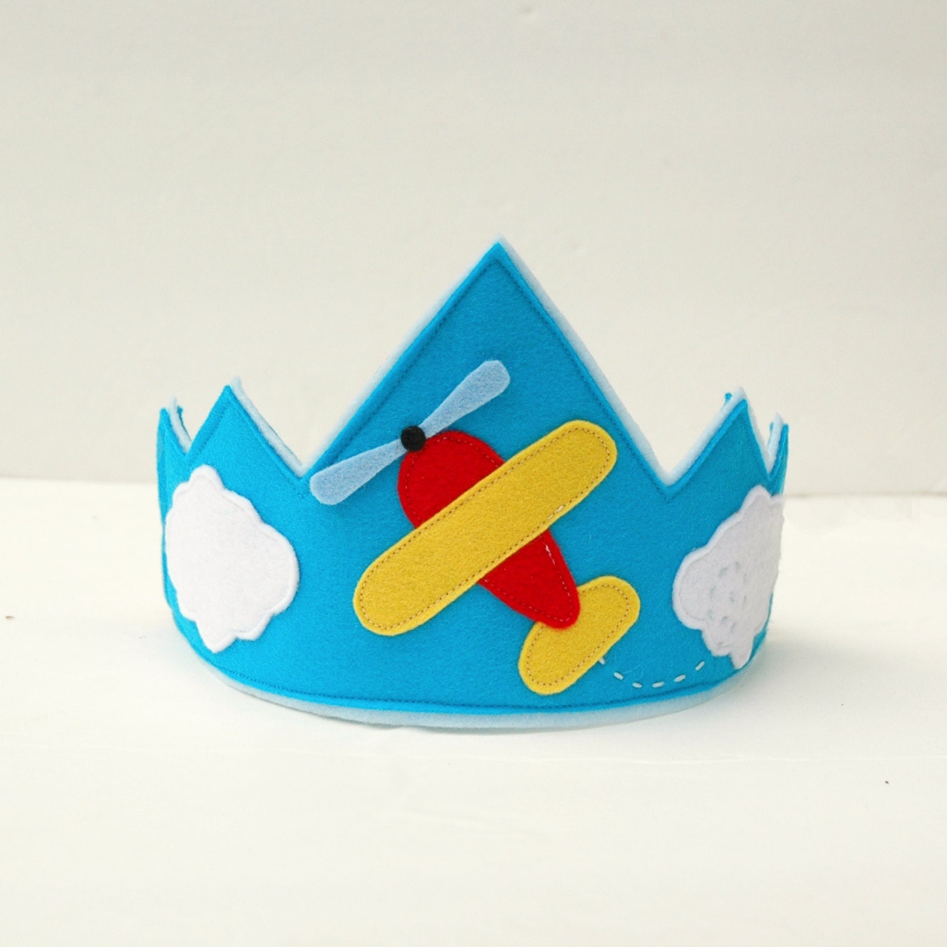 Boys 100% Merino Wool Felt  Airplane with Clouds Crown