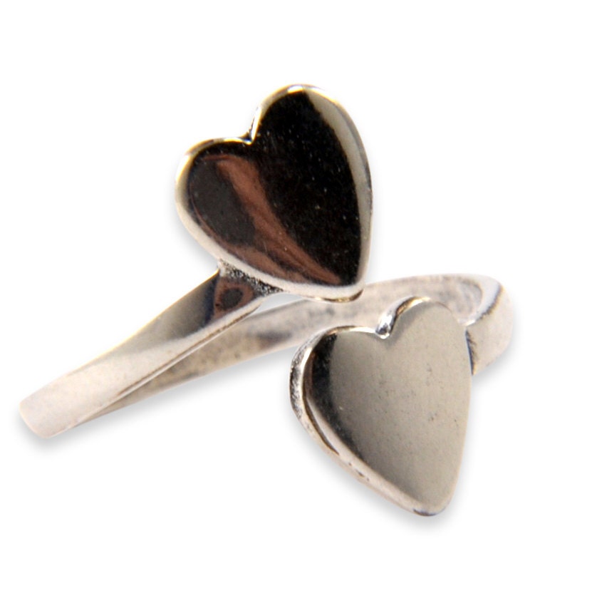 Double Heart Ring - Solid Sterling Silver - Adjustable