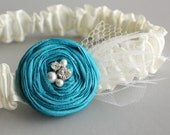 Wedding Garter in Ivory and Turquoise silk (Other Colors Available) - the Vivien Wedding Garter - wedding day something blue