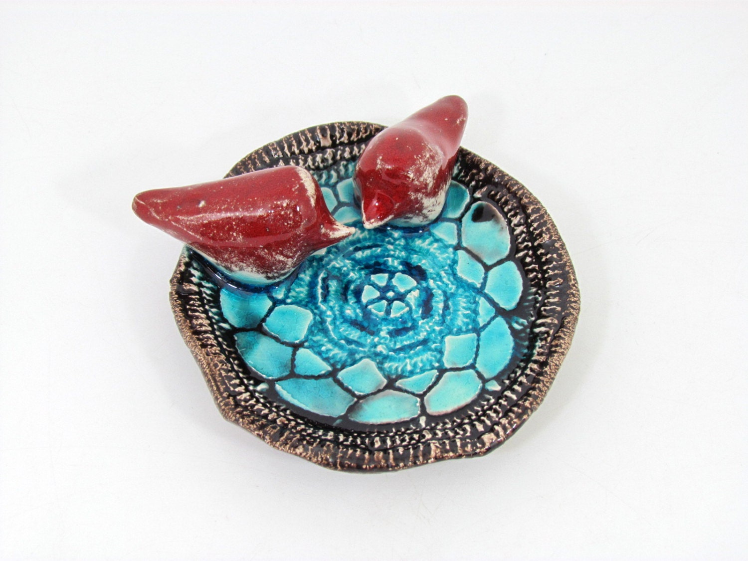 Wedding cake topper custom ceramic brown and turquoise lace bowl with a pair of love birds in a color of your choice