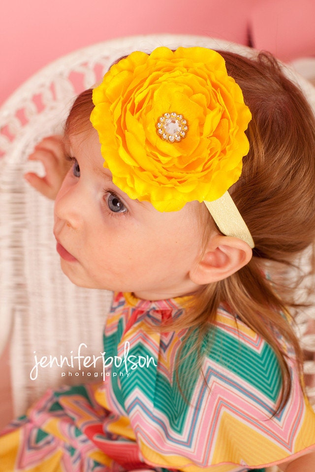 Yellow Ruffle Ranunculus Hair Flower Headband with Jewel