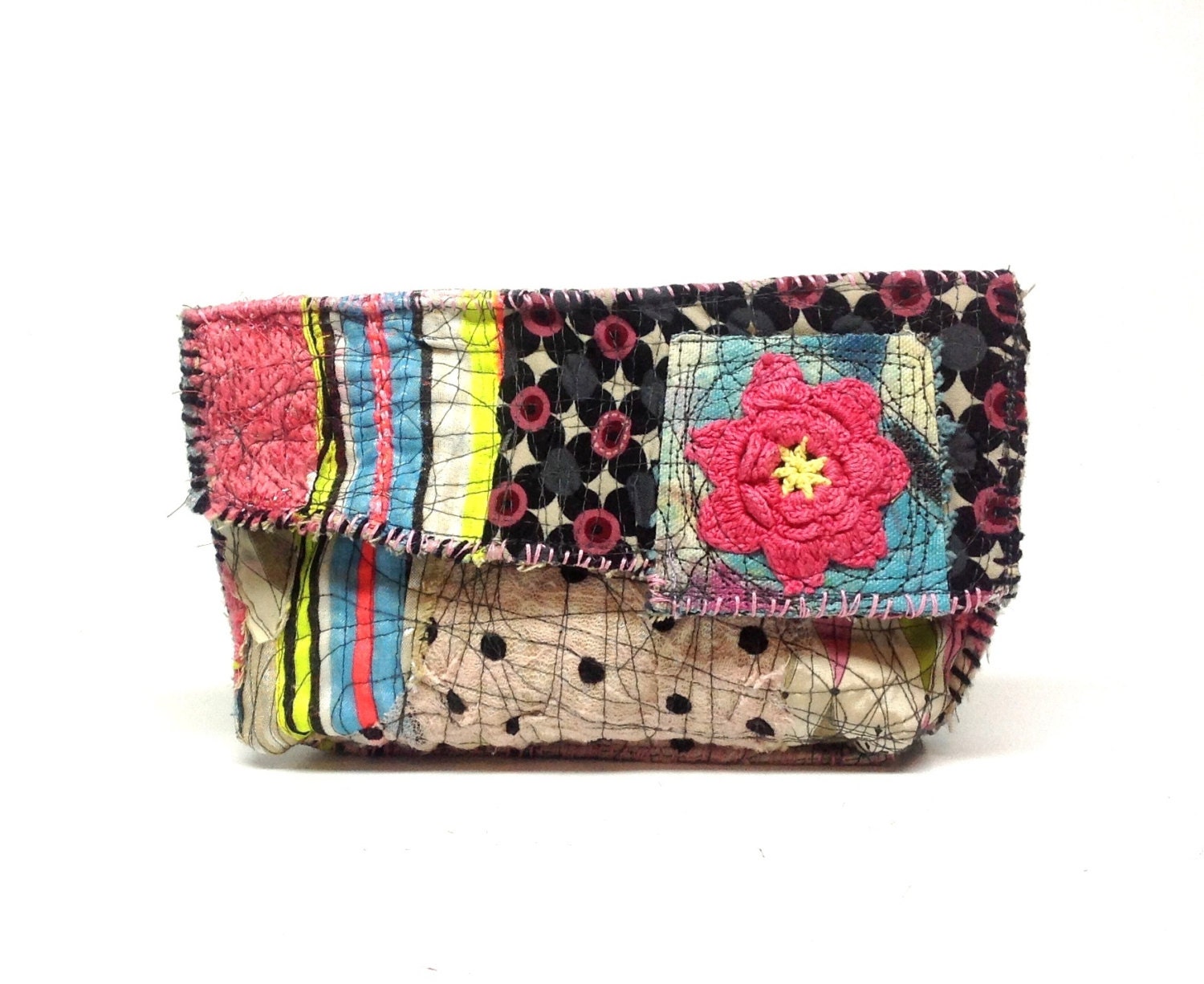 Sweet Hot Pink and Black Clutch Bag Upcycled One of a Kind