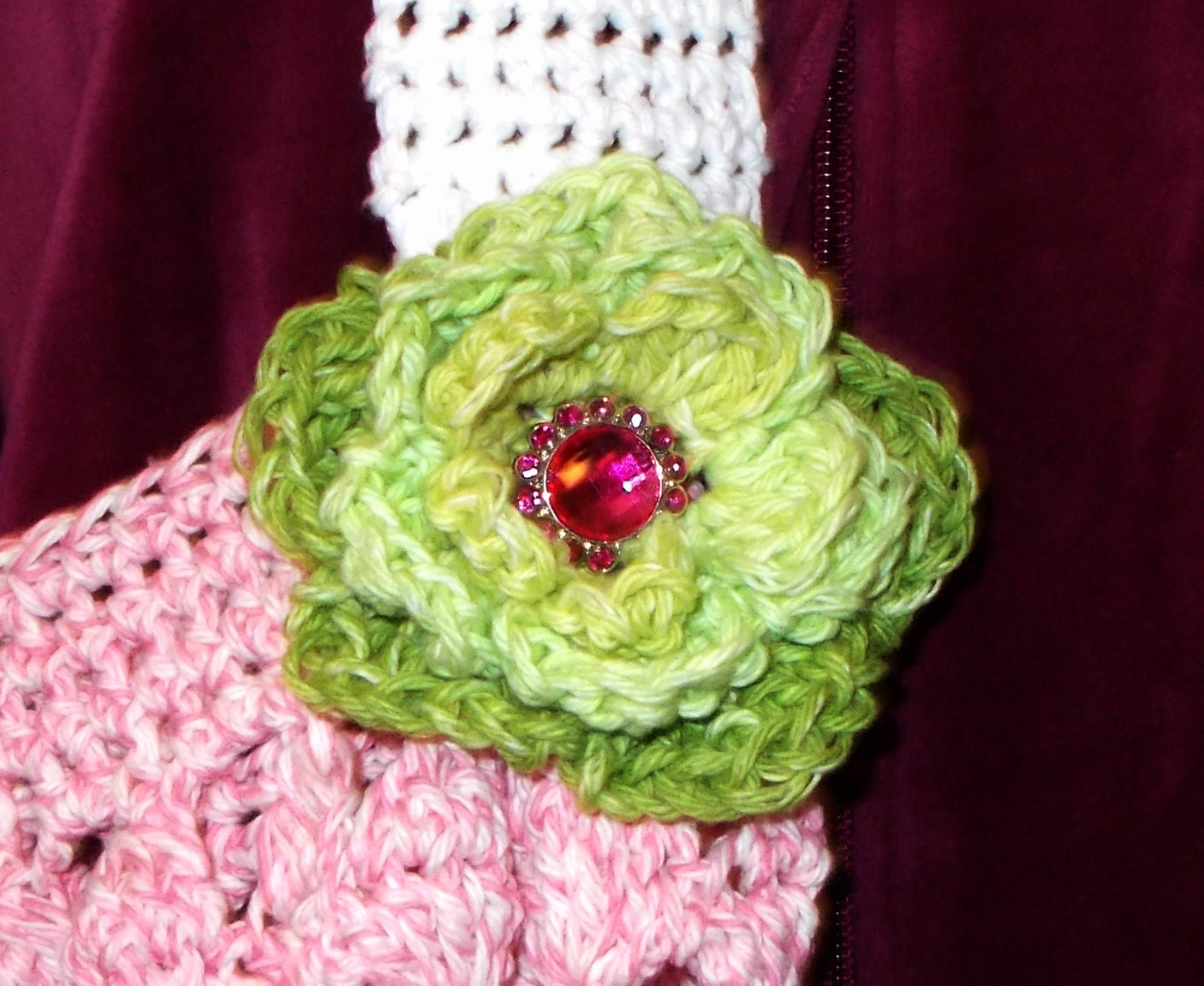 Crochet Market Bag Pink with attached jeweled flower FREE SHIPPING