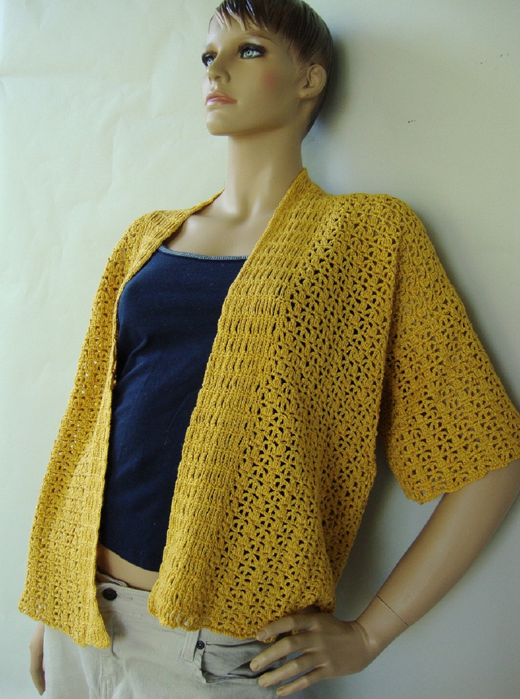 Cardigan Sweater -  Yellow Cotton/Hemp Crochet, S/M