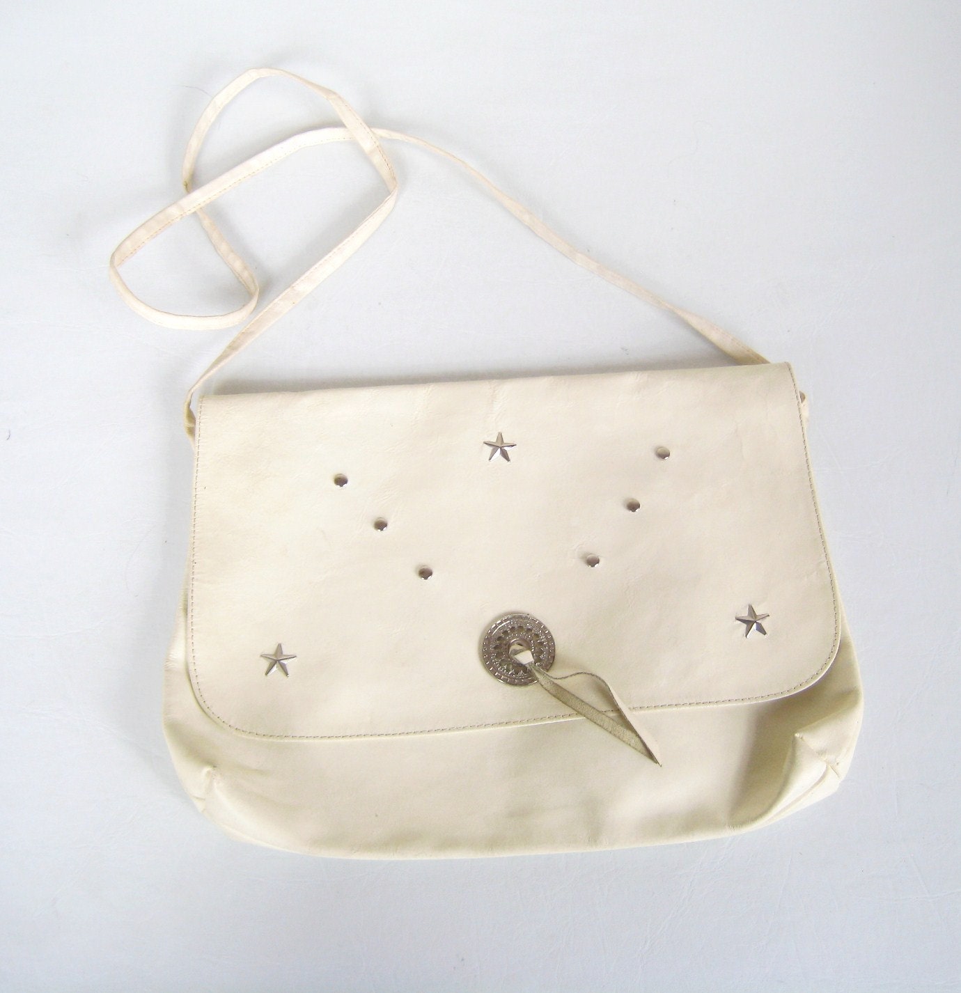 80s White Leather Southwestern Star Studded Shoulder Purse