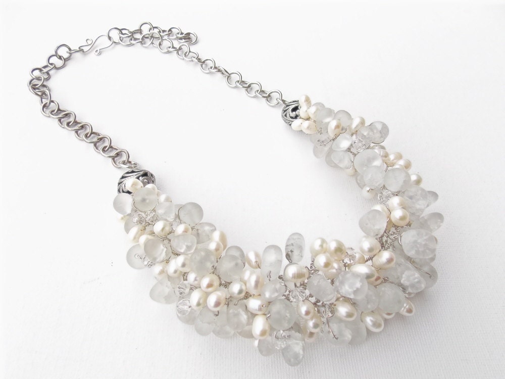 white pearl and glass bib necklace SALE - tumbledstrands
