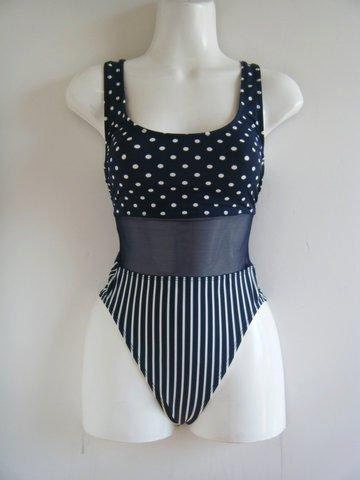 80s swimsuit / dots and stripes with tan through midriff mesh, size 6 or s - m