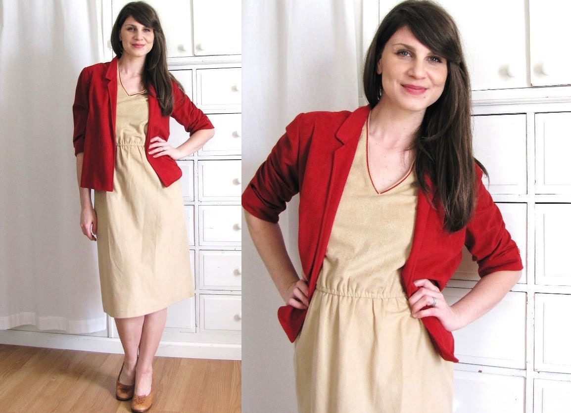 Tan Dress / 1970s Dress / Red Jacket and Dress Set