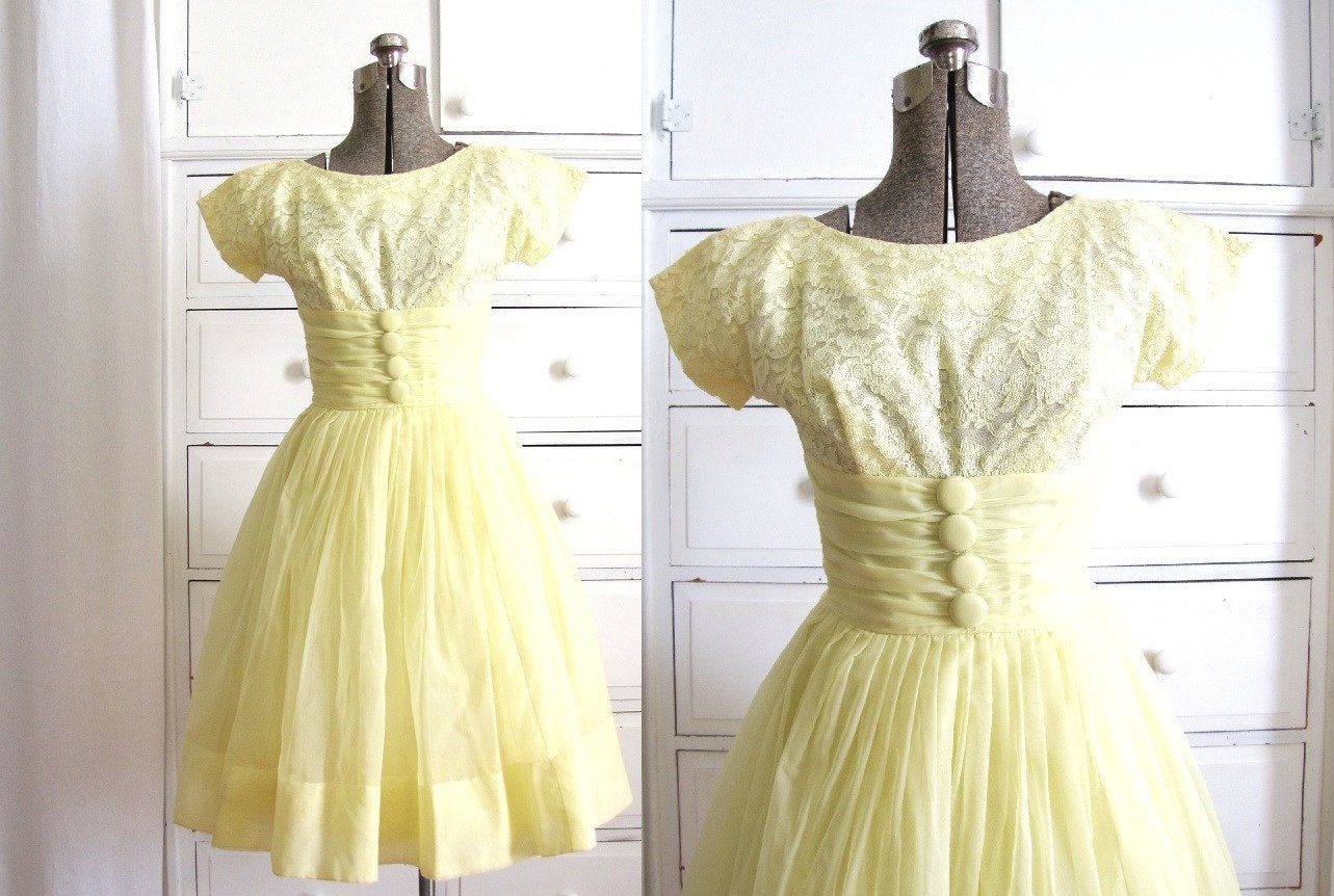 1950s Dress / 50s Yellow Lace Dress / 1950s Chiffon Bridesmaid Dress