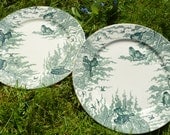 RARE c.1928 French Set of 2 Antique Sarreguemines U & C Dinner Plates Birds