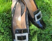 Mod Black Patent Pilgrim Witchy Slingback Heels NOS