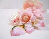 PInk and white velvet rose with pink and green velvet millinery leaves "Heiress"