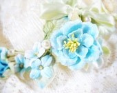 Skylark- velvet sky blue flowers and satin green ribbon haircomb
