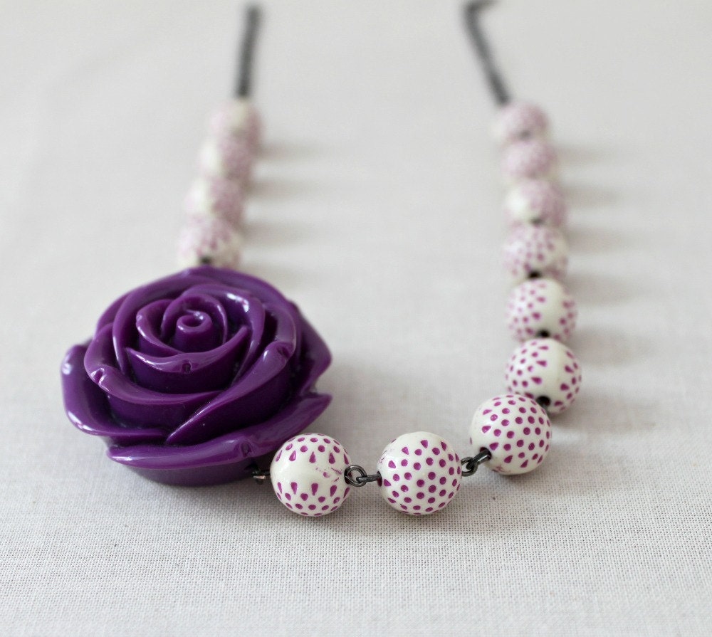 Polka Dot Necklace Purple Necklace Amethyst Flower Pendant Statement Jewelry Gift Under 50