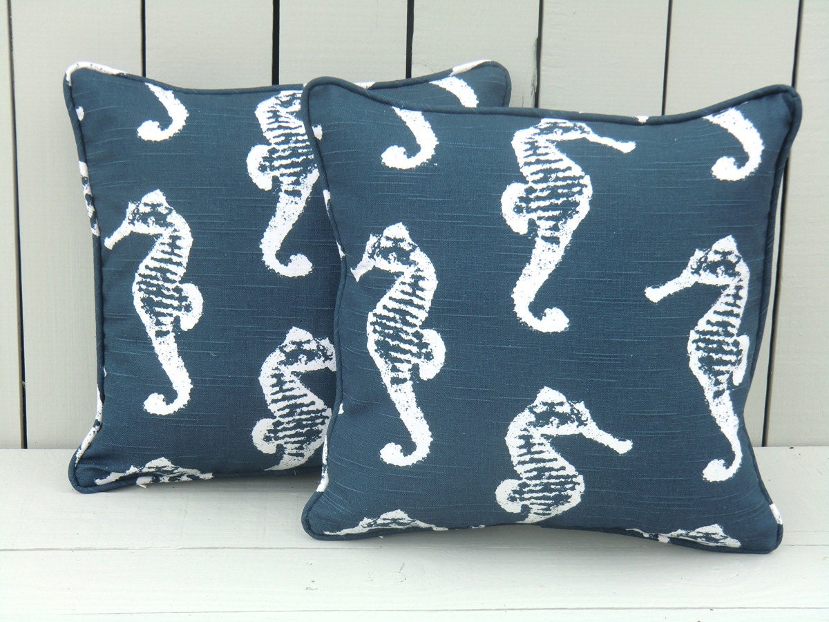 Navy blue pillow cover, blue nautical pillow cover 14x14, small chair pillow, sea horse pillow cover, whimsical pillow, pillow with piping