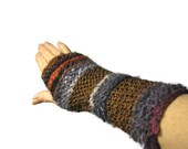 Hand Knit Fingerless Gloves Hand Warmers - Multicolor Brown Grey Red Country chic Rustic