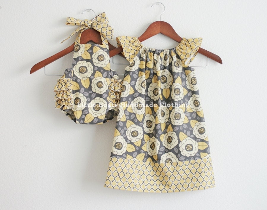 TWO piece Matching Sibling SET - Big sister Flutter Dress and Little sister Sunsuit / Aviary in yellow and gray