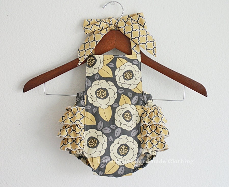 Aviary in yellow and gray Retro Style Sunsuit Romper / Size NB, 0-3m, 3-6m, 6-12m, 12-18m and 18-24m