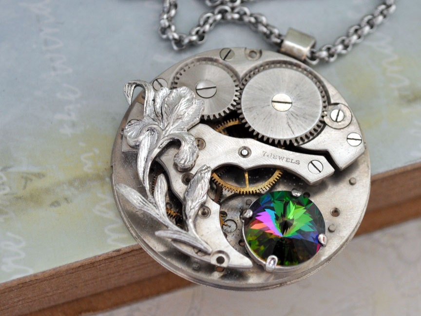 steampunk jewelry necklace LOVE TAKES TIME steam punk antiqued silver vintage watch movement necklace with Swarovski glass jewel