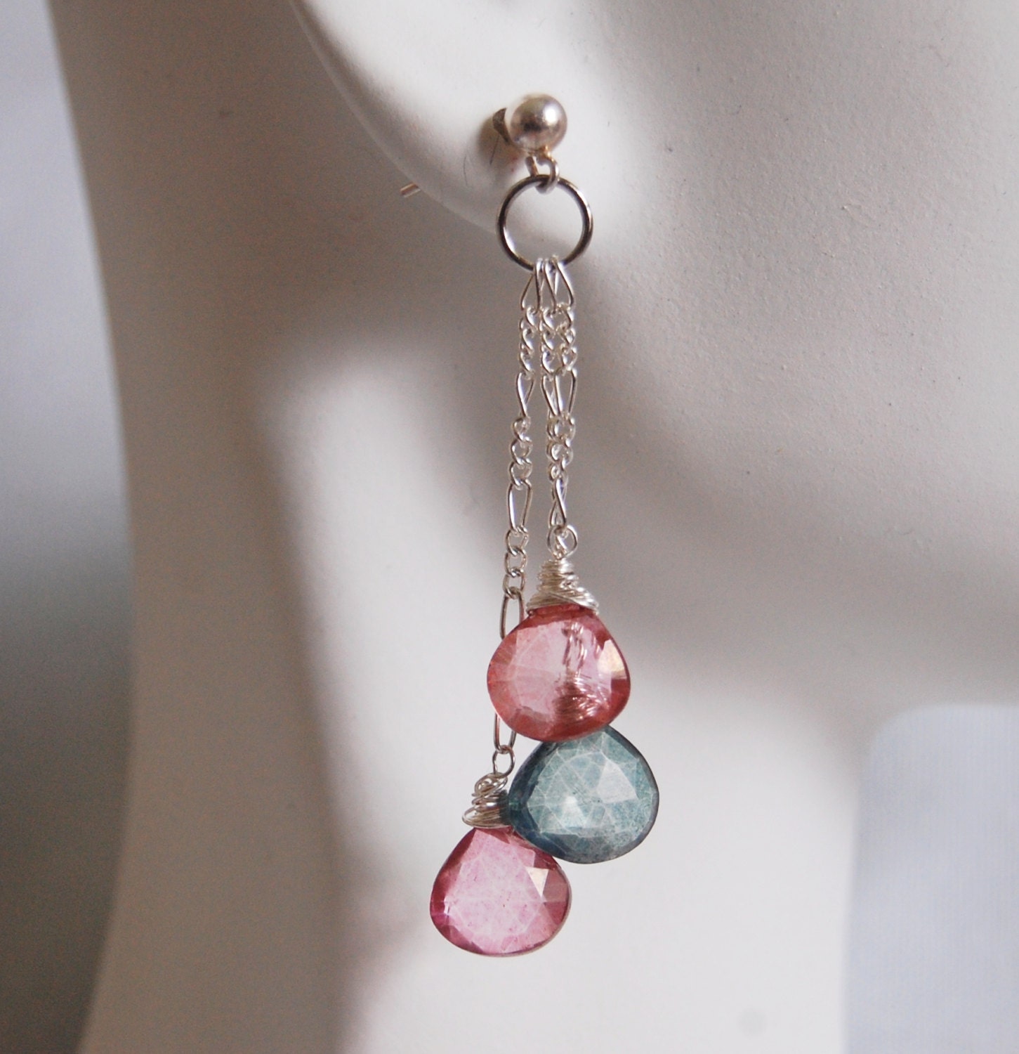 Pink And Green  Mystic quartz faceted heart briolette Dangle Drop Earrings