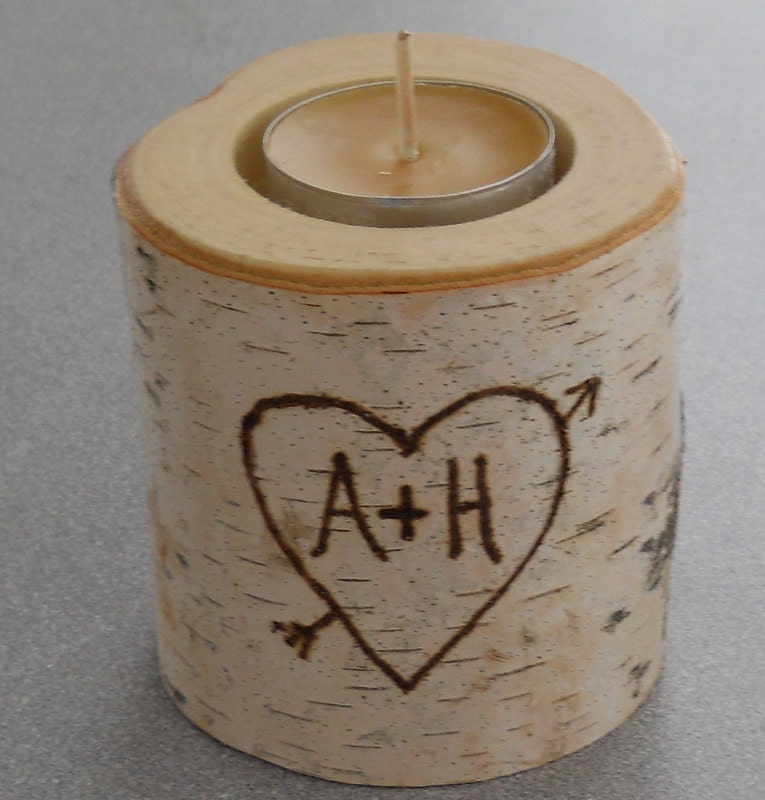Birch Rustic Tea Light Candle holder Personalized Valentines Day Wedding