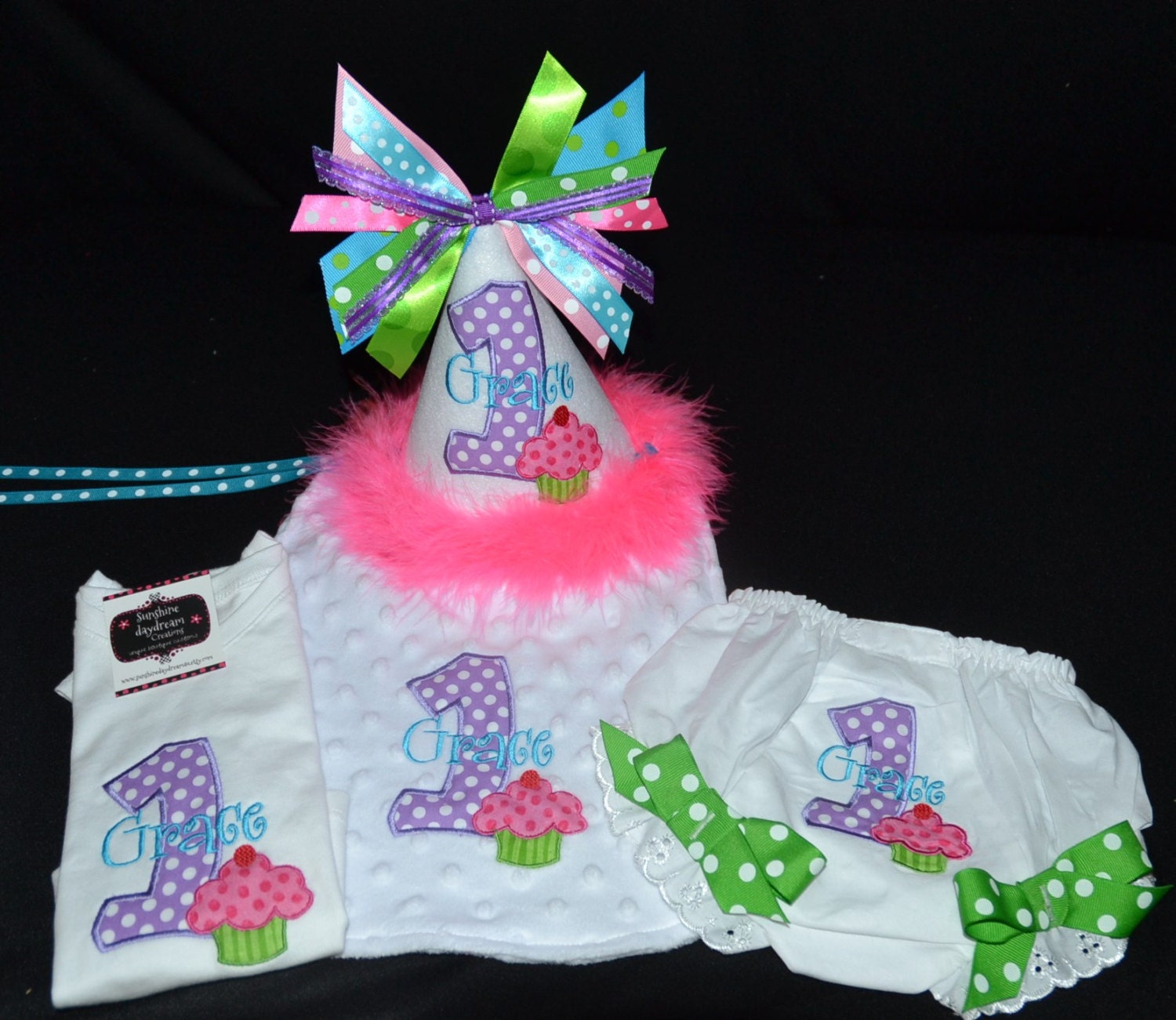 1st Birthday Party Hat Super Cutie Pie Delight combo set with Cupcake Set includes Birthday Hat, bib, shirt and bloomers/diaper cover