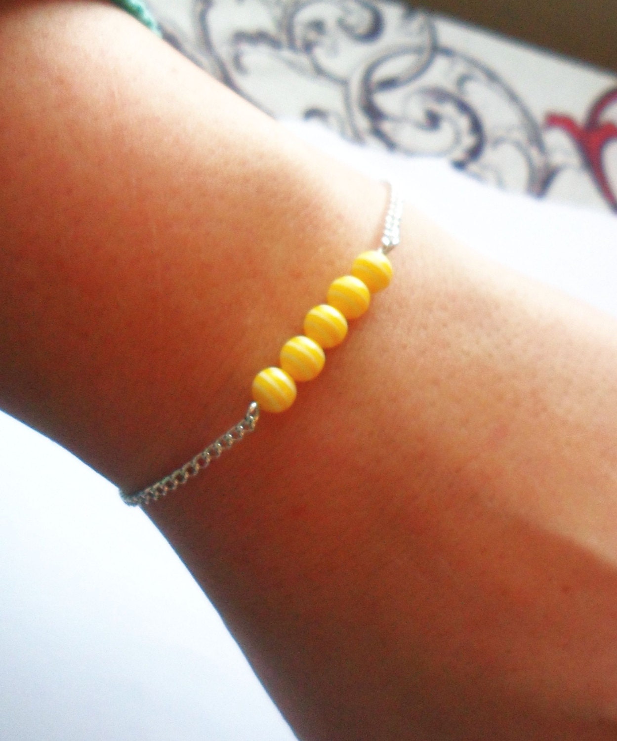 RESERVED Yellow Resin Summer Beaded Chain Bracelet