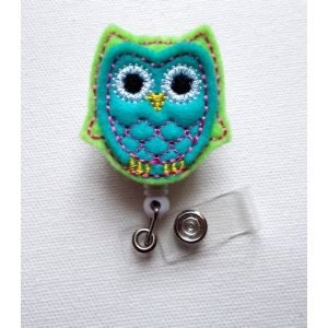 Blue and Green Owl - Retractable ID Felt Badge Holder - Name Badge Holder - Cute Badge Reel