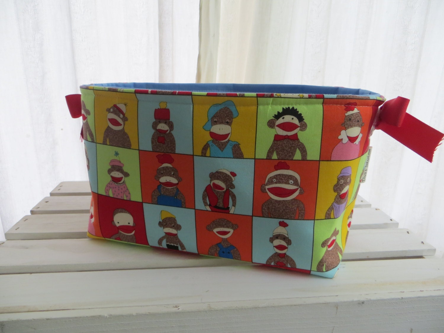 SALE Fabric Bin- Sock Monkey fabric with Red ribbon added on each side 10 x 5.5 x 6