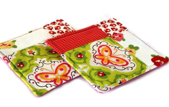 Quilted Potholder Set - Bright Green with Butterflies and LadyBugs