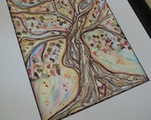 MEDITATION TREE, Tree of Life, Original Watercolor Painting, Scrapbook paper Collage Art